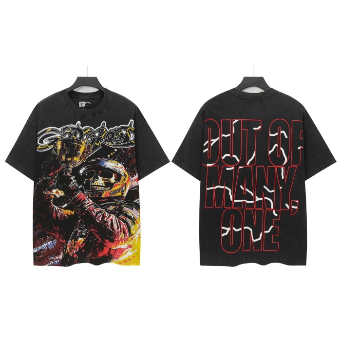 Hip Hop Streetwear Front Yellow Outline Gothic Font Helmet Skeleton Racer Holding Trophy Race Track Light Graphic T-Shirt 2 colors 29349534