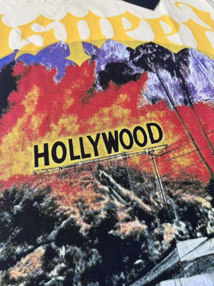 Yellow Outline Gothic Script Vintage Sports Car Hollywood Sign Palm Tree Distressed Landscape Graphic T-Shirt 2 colors 29349537