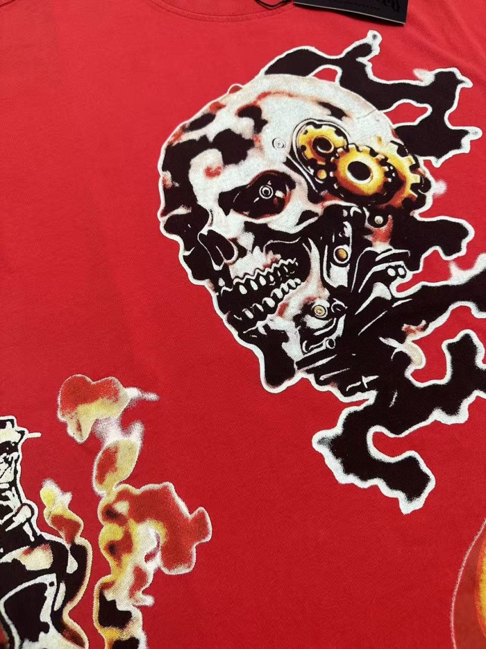 Grunge Industrial Hip Hop Streetwear Front Red Gold Gradient Outline Gothic Gear Skull Smoke Graphic T-Shirt 2 colors 29349562