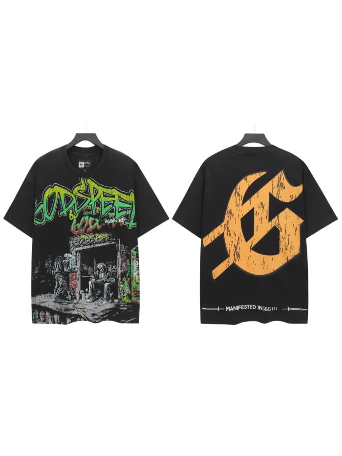 Grunge Urban Hip Hop Streetwear Front Green Red Gradient Graffiti Script Two Squatting Skeletons Alley Graffiti Wall Distressed Graphic T-Shirt 29349545
