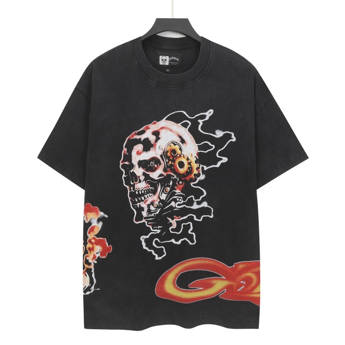 Grunge Industrial Hip Hop Streetwear Front Red Gold Gradient Outline Gothic Gear Skull Smoke Graphic T-Shirt 2 colors 29349562