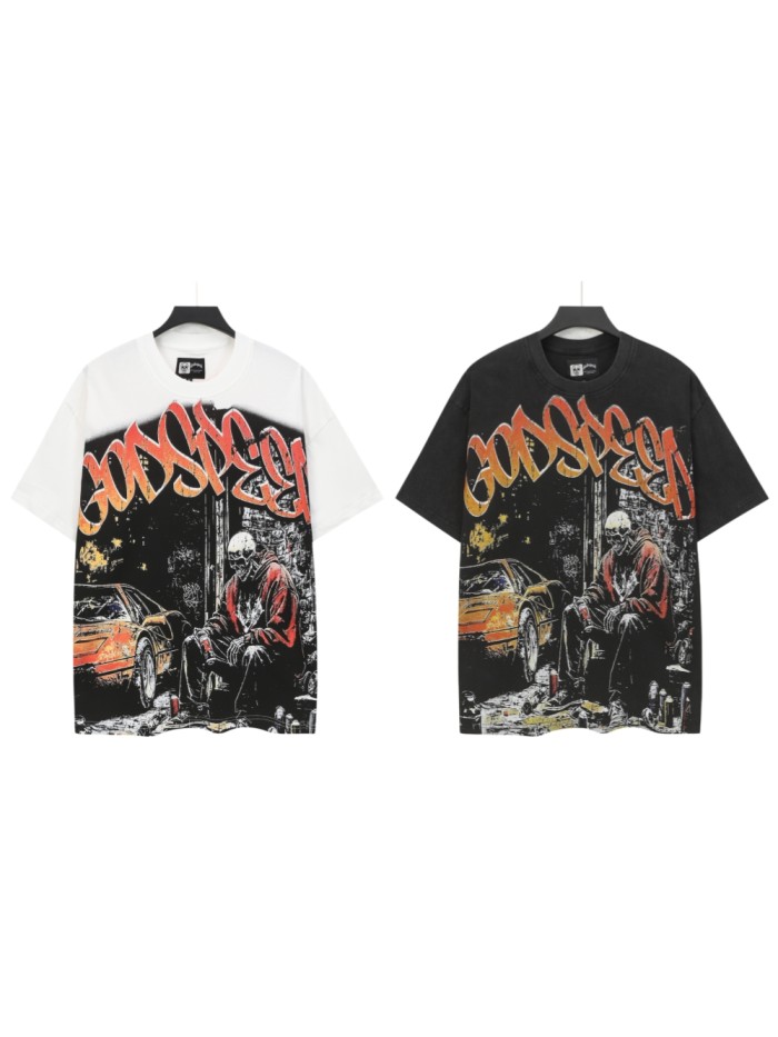 Grunge Graffiti Hip Hop Streetwear Front Orange Gradient Graffiti Script Squatting Skeleton Retro Sports Car Alley Distressed Graphic T-Shirt 2 colors 29349508