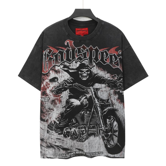 Grunge Biker Hip Hop Streetwear Front Red Outline Gothic Font Hooded Skeleton Rider Vintage Motorcycle Smoke Distressed Graphic T-Shirt 2 colors 29349512
