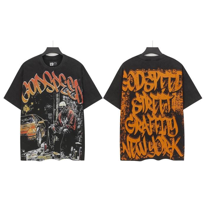 Grunge Graffiti Hip Hop Streetwear Front Orange Gradient Graffiti Script Squatting Skeleton Retro Sports Car Alley Distressed Graphic T-Shirt 2 colors 29349508