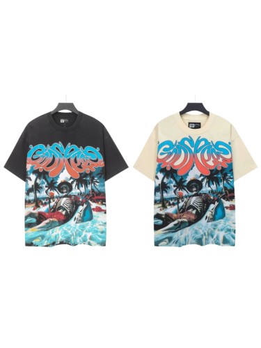 Gradient Graffiti Script Cowboy Skeleton Lounging Beach Palm Tree Water GraphicT-Shirt 2 colors 29349540
