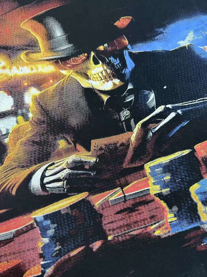 90s Grunge Western Hip Hop Streetwear Front Gradient Gothic Script Top Hat Skeleton Poker Chip Casino Scene T-Shirt 29349543