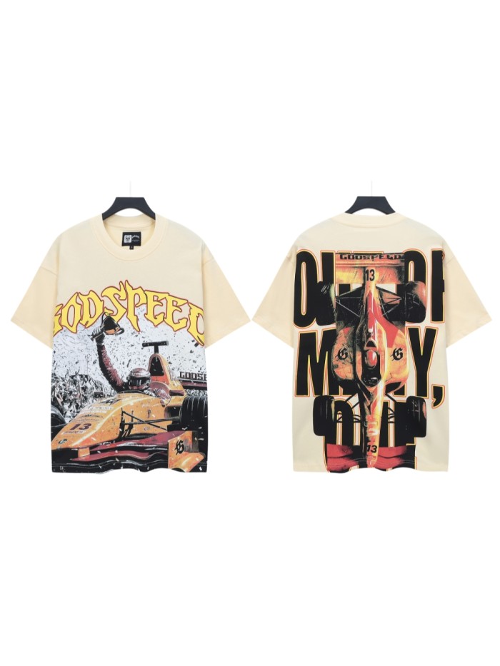 Rap Streetwear Front Gold Outline Gothic Font Helmeted Race Champion Trophy Formula Car Cracked Graphic T-Shirt 29349553