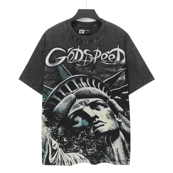 Grunge Patriotic Hip Hop Streetwear Front Silver Outline Gothic Script Statue Of Liberty Monochrome Portrait Single Sided Graphic T-Shirt 2 colors 29349542