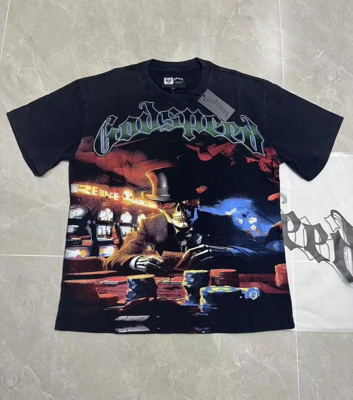 90s Grunge Western Hip Hop Streetwear Front Gradient Gothic Script Top Hat Skeleton Poker Chip Casino Scene T-Shirt 29349543
