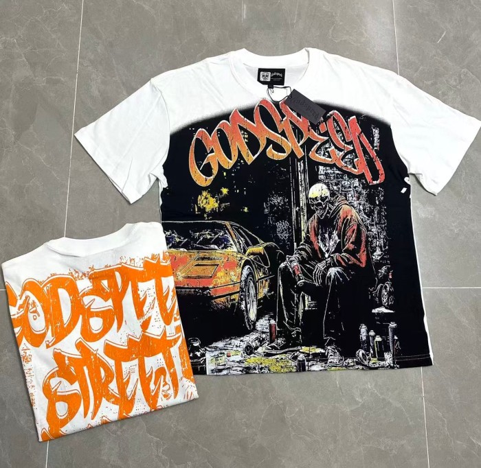 Grunge Graffiti Hip Hop Streetwear Front Orange Gradient Graffiti Script Squatting Skeleton Retro Sports Car Alley Distressed Graphic T-Shirt 2 colors 29349508