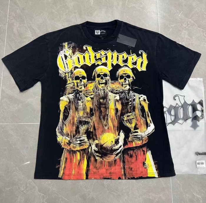 Rap Streetwear Front Gold Gradient Gothic Script Three Skeleton Basketball Players Trophy Ball Distressed T-Shirt 2 colors 29349506