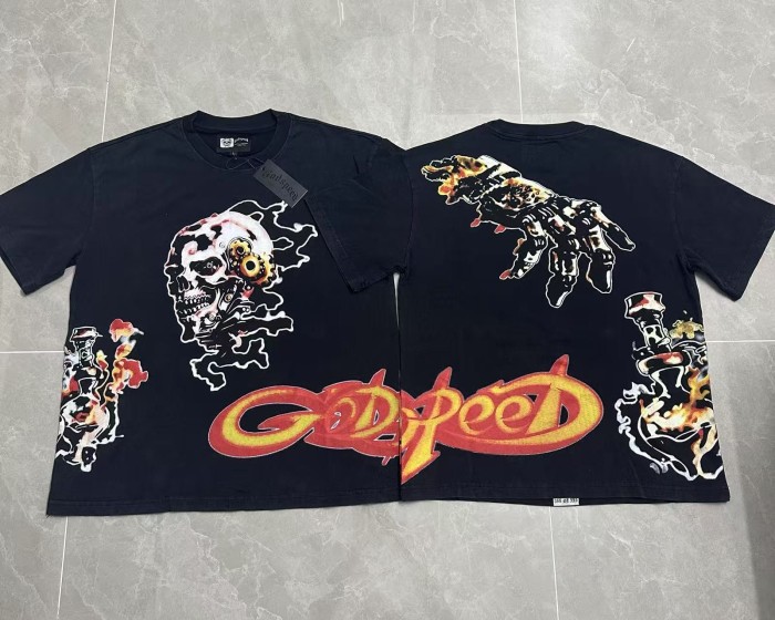 Grunge Industrial Hip Hop Streetwear Front Red Gold Gradient Outline Gothic Gear Skull Smoke Graphic T-Shirt 2 colors 29349562