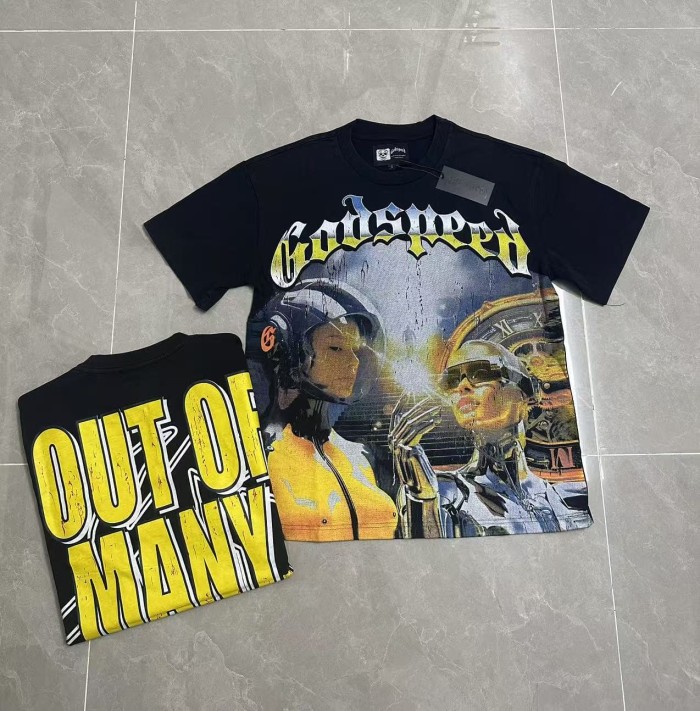 Y2K Hip Hop Streetwear Front Multicolor Gradient Gothic Font Two Cyborg Female Figures Clock Neon Cracked Graphic T-Shirt 2 colors 29349546