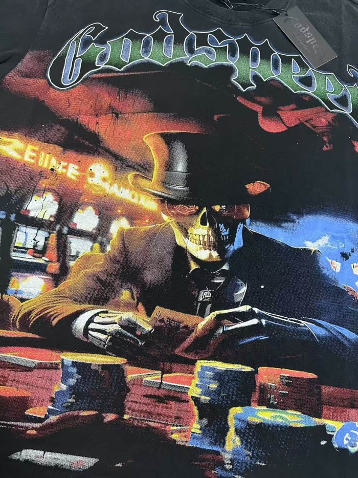 90s Grunge Western Hip Hop Streetwear Front Gradient Gothic Script Top Hat Skeleton Poker Chip Casino Scene T-Shirt 29349543