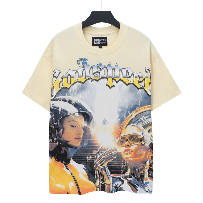Y2K Hip Hop Streetwear Front Multicolor Gradient Gothic Font Two Cyborg Female Figures Clock Neon Cracked Graphic T-Shirt 2 colors 29349546