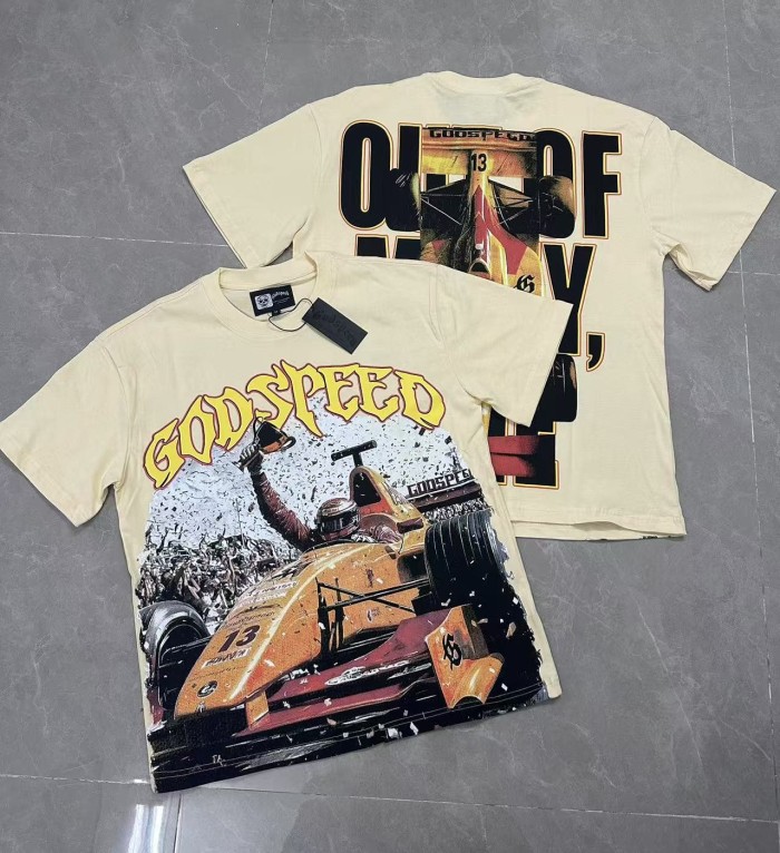 Rap Streetwear Front Gold Outline Gothic Font Helmeted Race Champion Trophy Formula Car Cracked Graphic T-Shirt 29349553