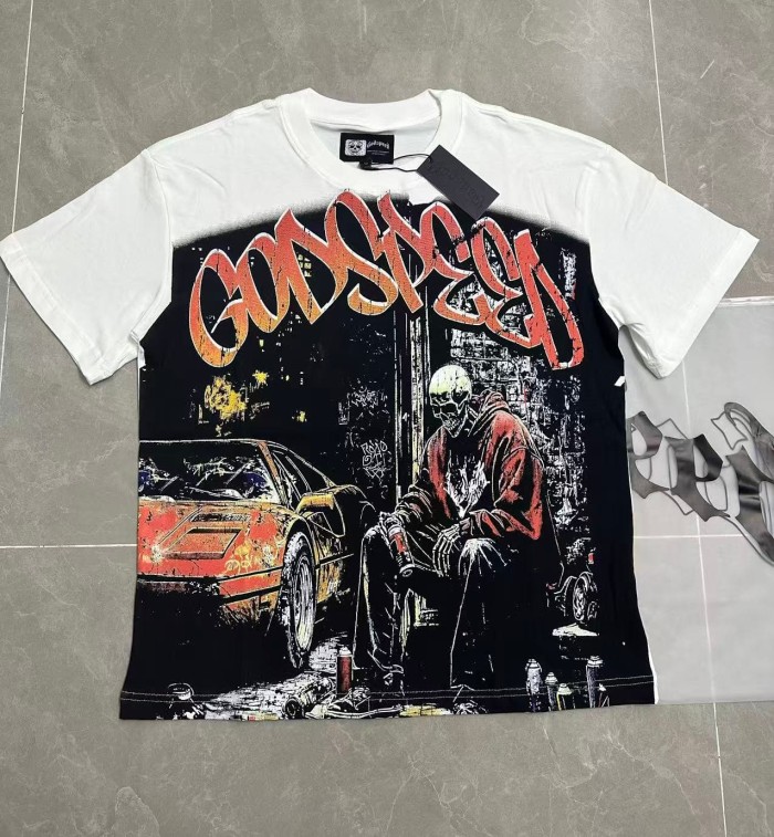 Grunge Graffiti Hip Hop Streetwear Front Orange Gradient Graffiti Script Squatting Skeleton Retro Sports Car Alley Distressed Graphic T-Shirt 2 colors 29349508