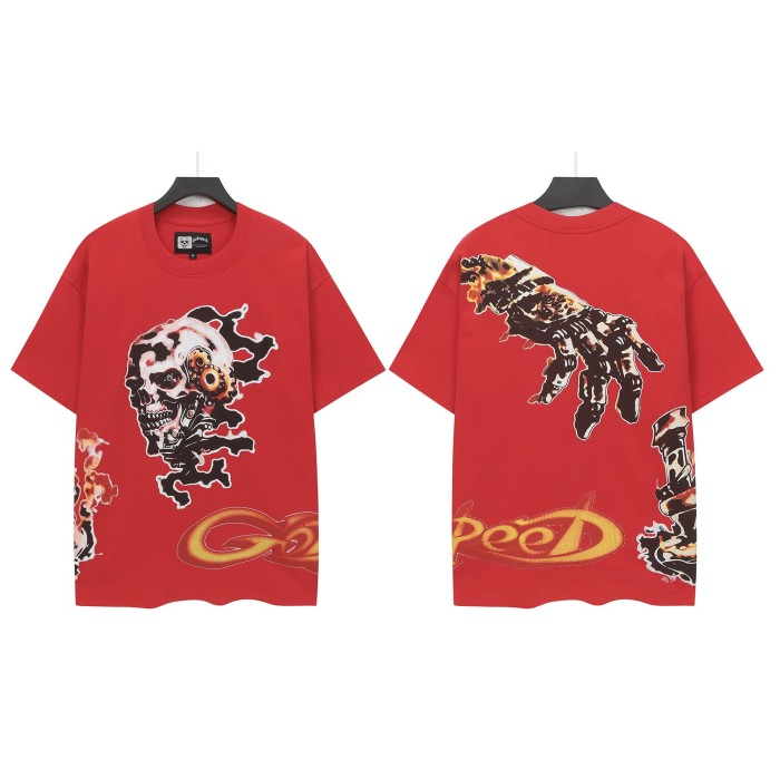 Grunge Industrial Hip Hop Streetwear Front Red Gold Gradient Outline Gothic Gear Skull Smoke Graphic T-Shirt 2 colors 29349562