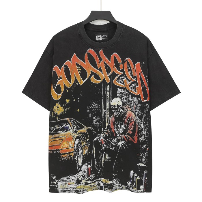 Grunge Graffiti Hip Hop Streetwear Front Orange Gradient Graffiti Script Squatting Skeleton Retro Sports Car Alley Distressed Graphic T-Shirt 2 colors 29349508
