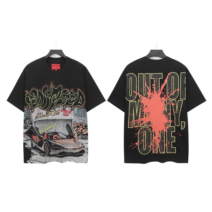 Hip Hop Streetwear Front Lime Outline Graffiti Script Classic Sports Car City Wall Graffiti Distressed Graphic T-Shirt 2 colors 29349547