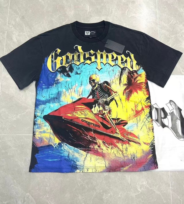 Grunge Coastal Hip Hop Streetwear Front Gradient Gothic Script Skeleton Rider Red Jet Ski Palm Tree Ocean Cracked Graphic T-Shirt 2 colors 29349516
