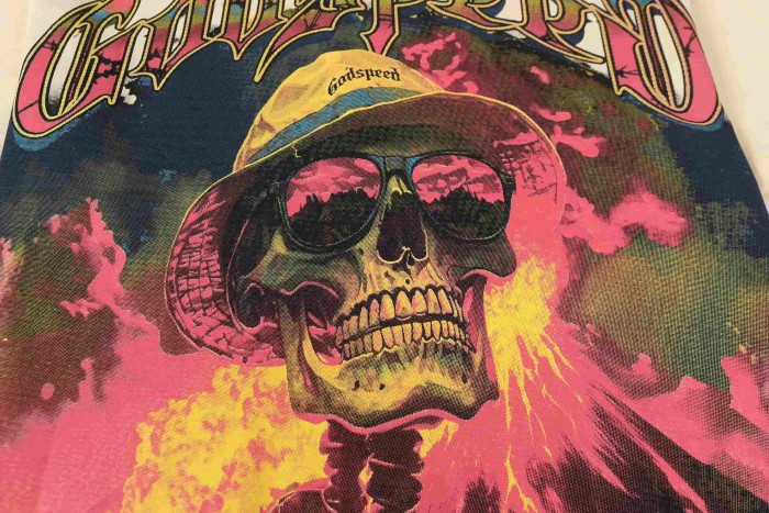 West Coast Chicano Beach Fashion Front Chest Gradient Monogram Back Large Gothic Skeleton Palm Shirt Volcano Smoke Graphic T-Shirt 2 colors 29349532