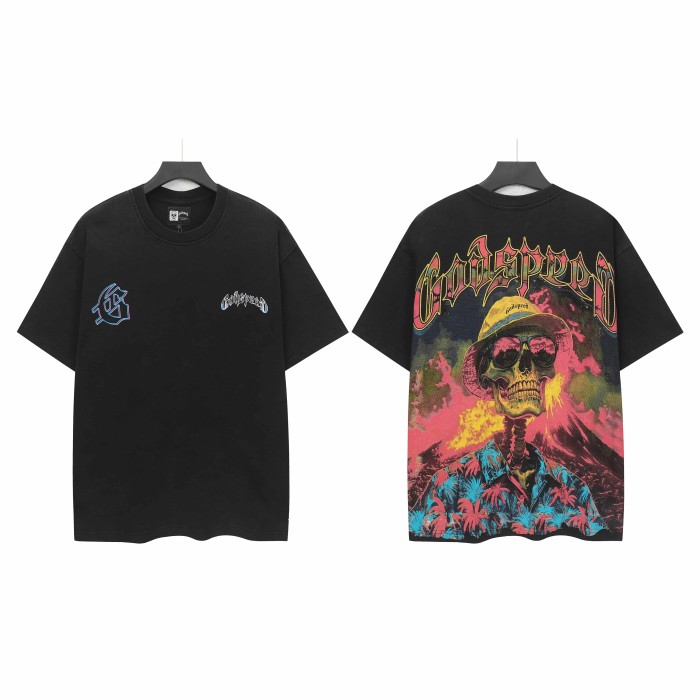 West Coast Chicano Beach Fashion Front Chest Gradient Monogram Back Large Gothic Skeleton Palm Shirt Volcano Smoke Graphic T-Shirt 2 colors 29349532