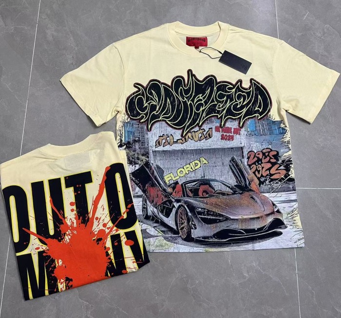 Hip Hop Streetwear Front Lime Outline Graffiti Script Classic Sports Car City Wall Graffiti Distressed Graphic T-Shirt 2 colors 29349547