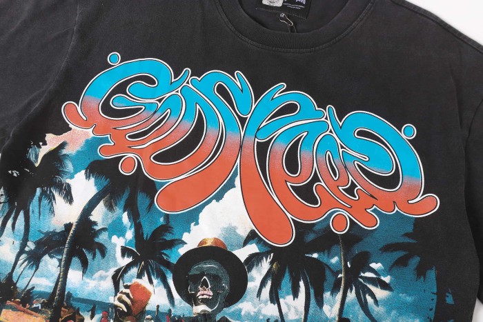 Gradient Graffiti Script Cowboy Skeleton Lounging Beach Palm Tree Water GraphicT-Shirt 2 colors 29349540