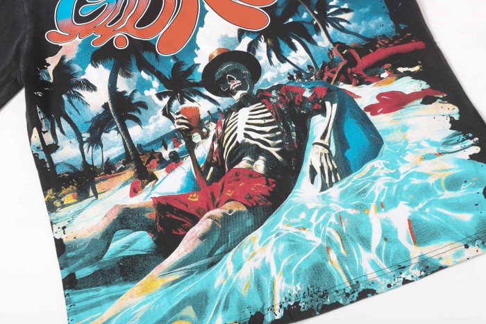 Gradient Graffiti Script Cowboy Skeleton Lounging Beach Palm Tree Water GraphicT-Shirt 2 colors 29349540