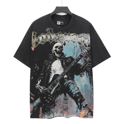 Grunge Rock Rap Streetwear Front Gold Outline Gothic Font Leather Clad Skeleton Guitarist Distressed Graphic T-Shirt 2 colors 29349551