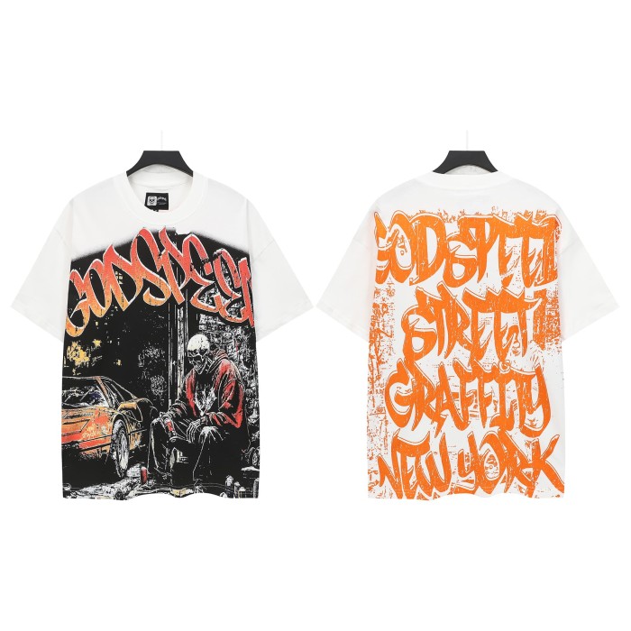 Grunge Graffiti Hip Hop Streetwear Front Orange Gradient Graffiti Script Squatting Skeleton Retro Sports Car Alley Distressed Graphic T-Shirt 2 colors 29349508