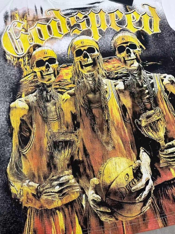 Rap Streetwear Front Gold Gradient Gothic Script Three Skeleton Basketball Players Trophy Ball Distressed T-Shirt 2 colors 29349506
