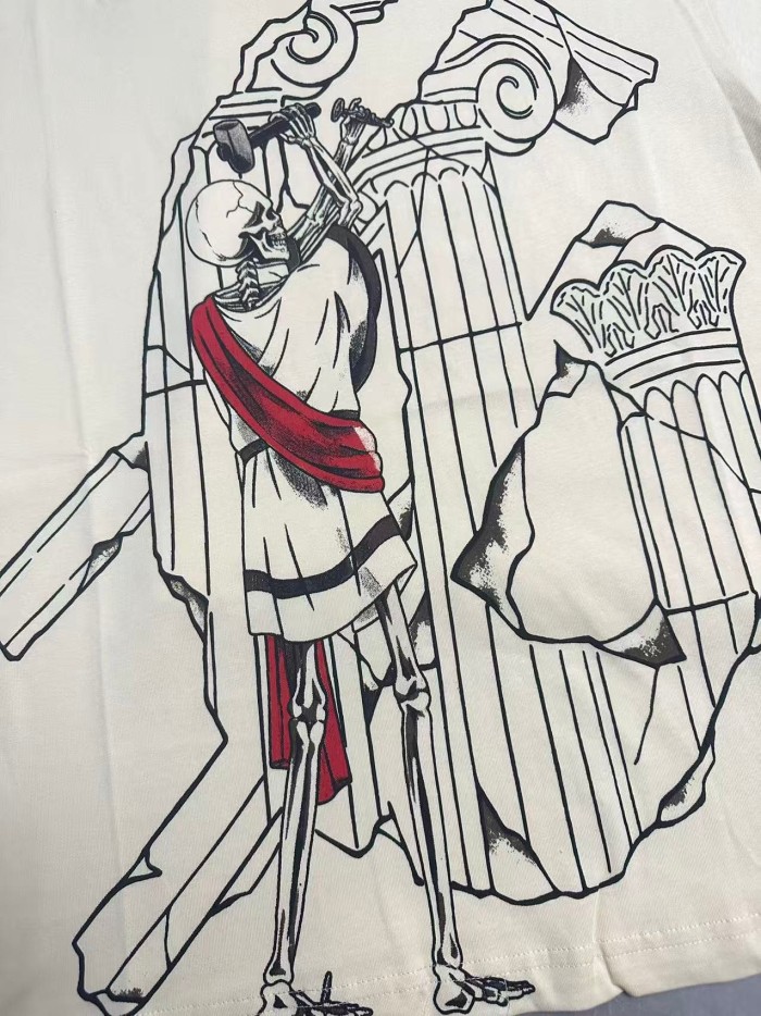 West Coast Chicano Vintage Fashion Front Skeleton Sculptor Hammer Roman Column Ruins Line Art Print T-Shirt 2 colors 29349514