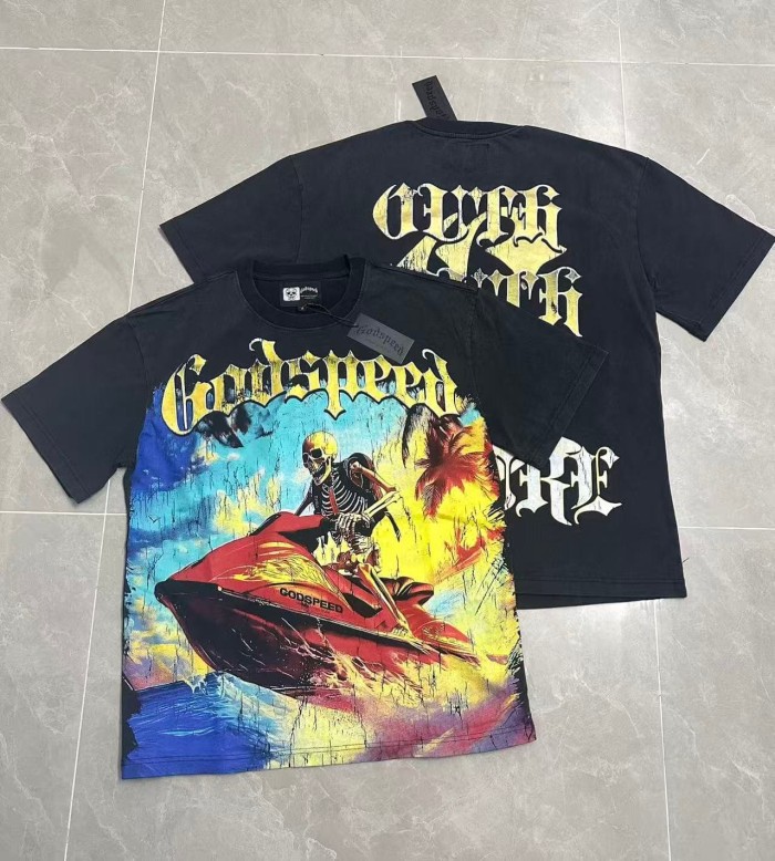 Grunge Coastal Hip Hop Streetwear Front Gradient Gothic Script Skeleton Rider Red Jet Ski Palm Tree Ocean Cracked Graphic T-Shirt 2 colors 29349516