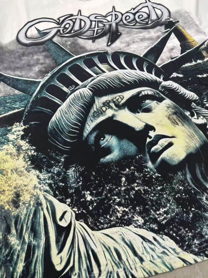 Grunge Patriotic Hip Hop Streetwear Front Silver Outline Gothic Script Statue Of Liberty Monochrome Portrait Single Sided Graphic T-Shirt 2 colors 29349542