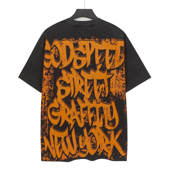 Grunge Graffiti Hip Hop Streetwear Front Orange Gradient Graffiti Script Squatting Skeleton Retro Sports Car Alley Distressed Graphic T-Shirt 2 colors 29349508