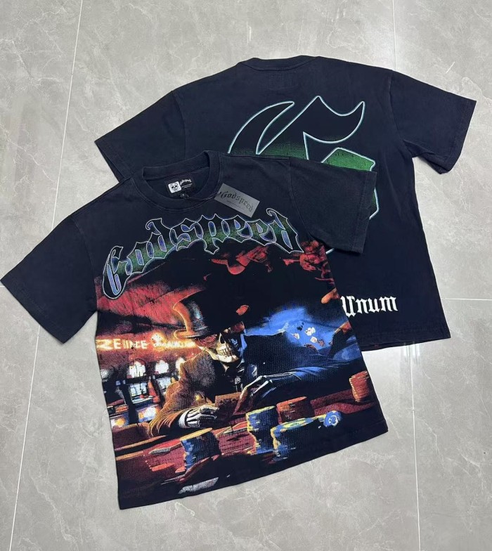 90s Grunge Western Hip Hop Streetwear Front Gradient Gothic Script Top Hat Skeleton Poker Chip Casino Scene T-Shirt 29349543