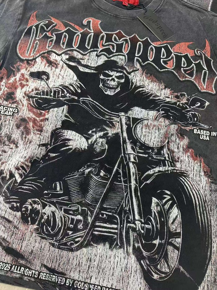 Grunge Biker Hip Hop Streetwear Front Red Outline Gothic Font Hooded Skeleton Rider Vintage Motorcycle Smoke Distressed Graphic T-Shirt 2 colors 29349512