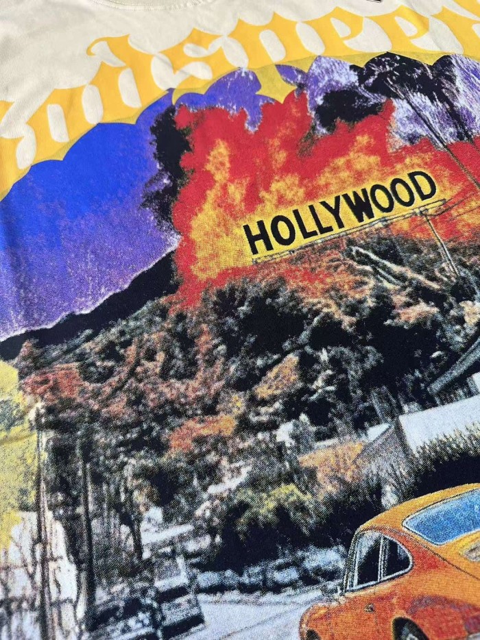 Yellow Outline Gothic Script Vintage Sports Car Hollywood Sign Palm Tree Distressed Landscape Graphic T-Shirt 2 colors 29349537