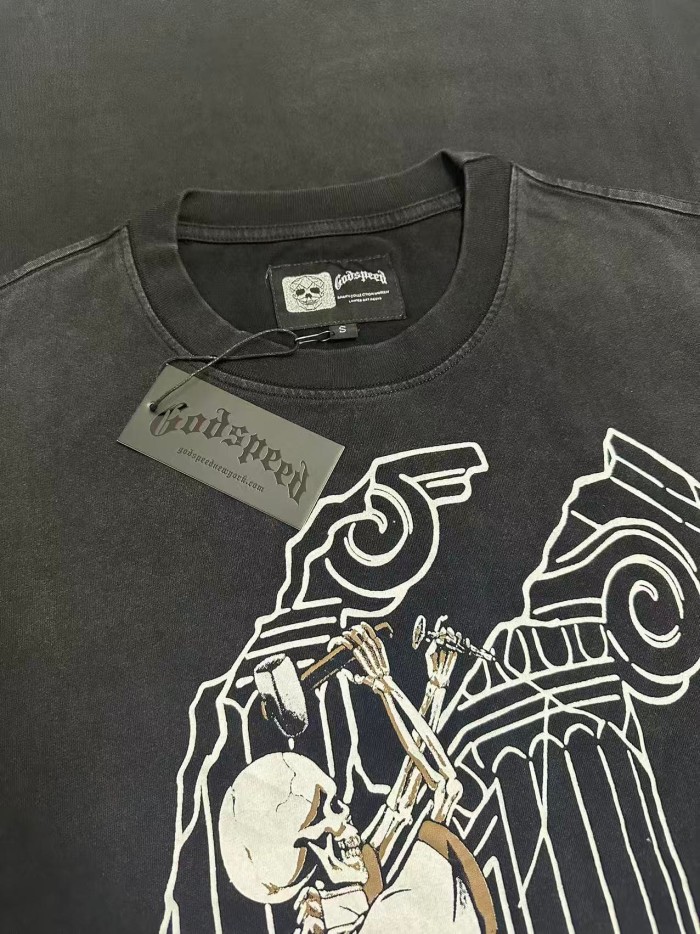 West Coast Chicano Vintage Fashion Front Skeleton Sculptor Hammer Roman Column Ruins Line Art Print T-Shirt 2 colors 29349514