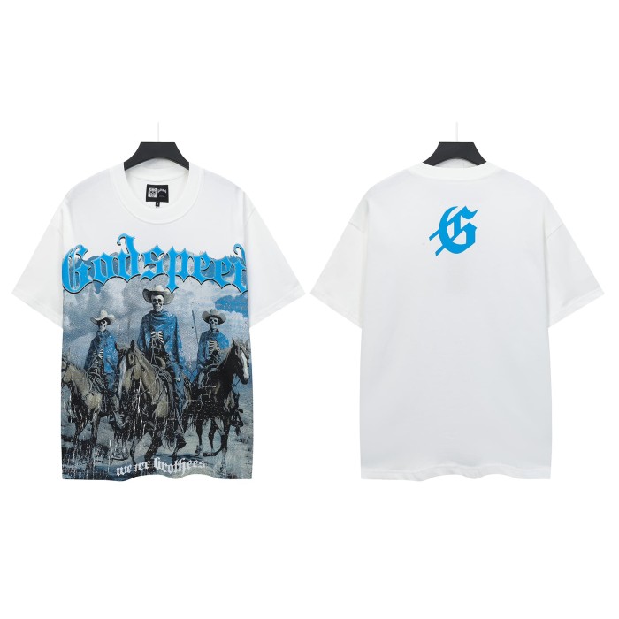 Hip Hop Streetwear Front Bright Blue Outline Gothic Font Three Cowboy Skeletons Riding Horses Desert Distressed Graphic T-Shirt 2 colors 29349548