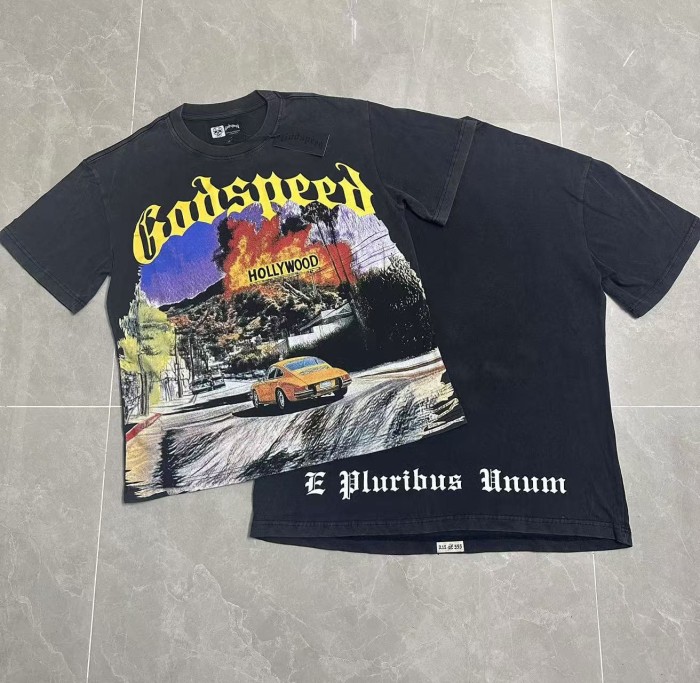 Yellow Outline Gothic Script Vintage Sports Car Hollywood Sign Palm Tree Distressed Landscape Graphic T-Shirt 2 colors 29349537