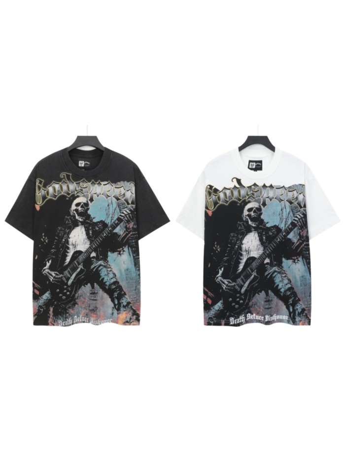 Grunge Rock Rap Streetwear Front Gold Outline Gothic Font Leather Clad Skeleton Guitarist Distressed Graphic T-Shirt 2 colors 29349551