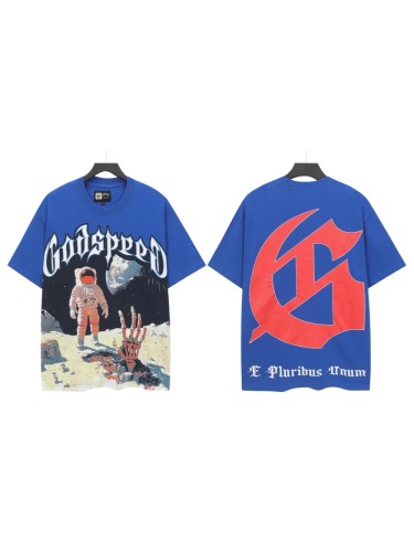 Hip Hop Streetwear Front White Outline Gothic Script Astronaut Skeleton Hand Moon Surface Distressed Graphic T-Shirt 29349560