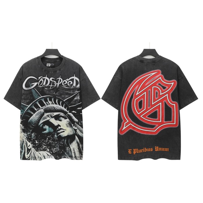 Grunge Patriotic Hip Hop Streetwear Front Silver Outline Gothic Script Statue Of Liberty Monochrome Portrait Single Sided Graphic T-Shirt 2 colors 29349542