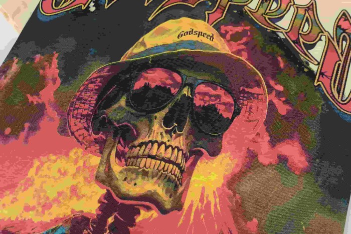 West Coast Chicano Beach Fashion Front Chest Gradient Monogram Back Large Gothic Skeleton Palm Shirt Volcano Smoke Graphic T-Shirt 2 colors 29349532