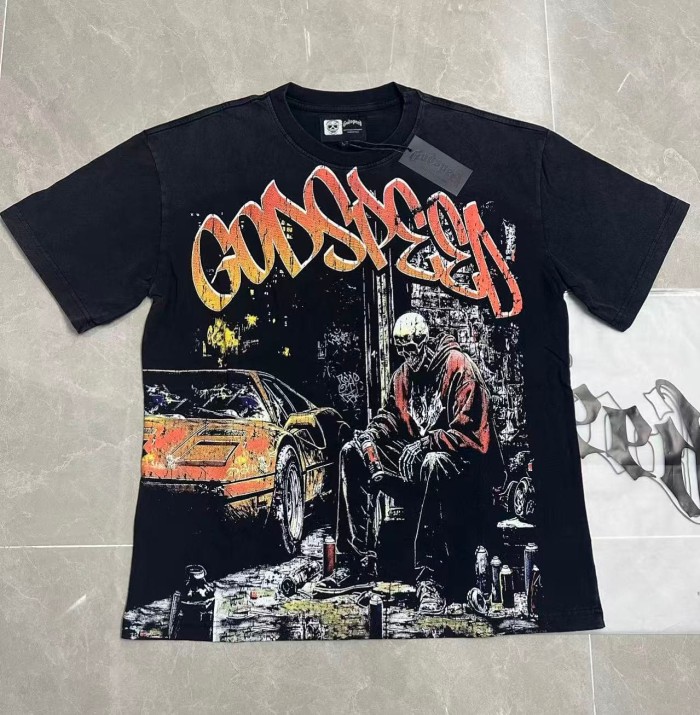 Grunge Graffiti Hip Hop Streetwear Front Orange Gradient Graffiti Script Squatting Skeleton Retro Sports Car Alley Distressed Graphic T-Shirt 2 colors 29349508