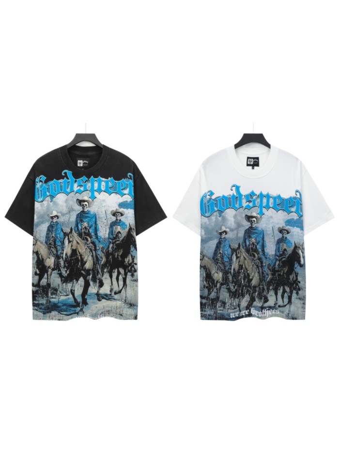 Hip Hop Streetwear Front Bright Blue Outline Gothic Font Three Cowboy Skeletons Riding Horses Desert Distressed Graphic T-Shirt 2 colors 29349548