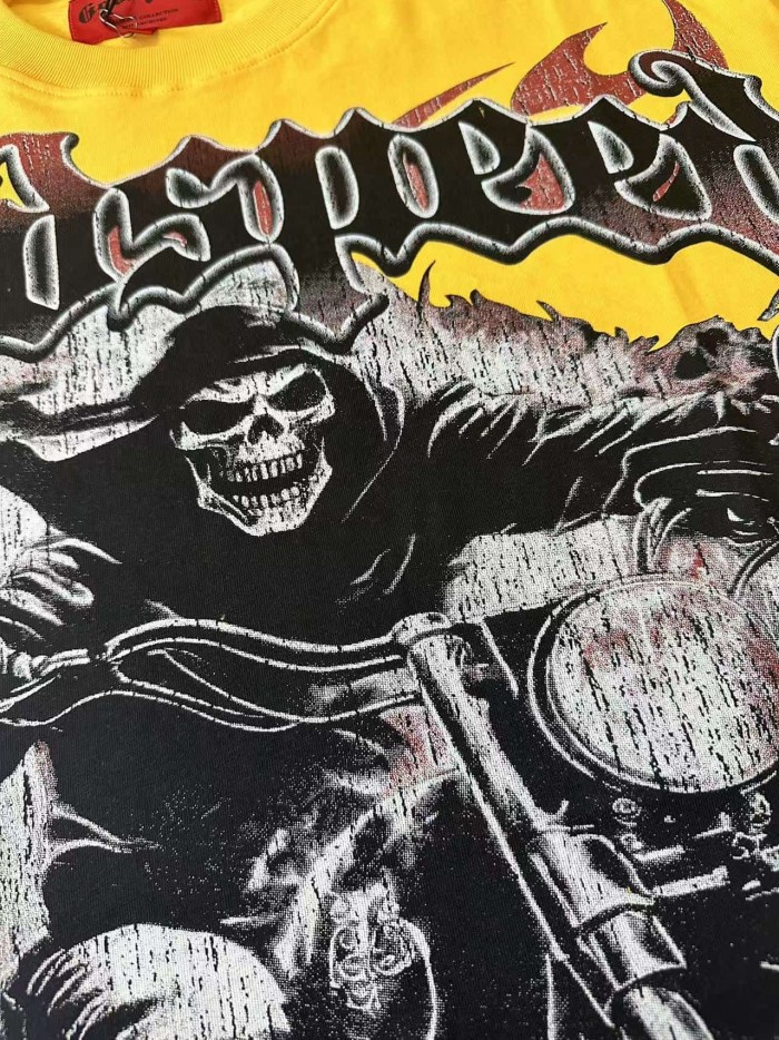 Grunge Biker Hip Hop Streetwear Front Red Outline Gothic Font Hooded Skeleton Rider Vintage Motorcycle Smoke Distressed Graphic T-Shirt 2 colors 29349512